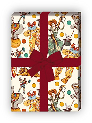 Kartenkaufrausch Klassisches Zirkus Geschenkpapier Set 4 Bogen, Dekorpapier mit Clown, Schlangenbändigerin und Elefant für tolle Geschenkverpackung, Musterpapier zum basteln 32 x 48cm