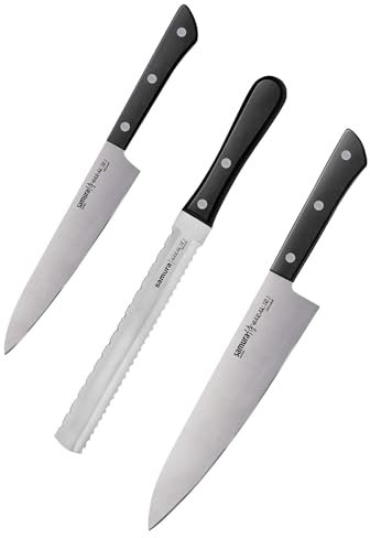 Samura HARAKIRI Profi Messer Geschenk Set ultra-scharf, aus japanisch AUS 8 Edelstahl, 3 Teile, Gemüsemesser, doppelschneidiges Sägemesser, Kochmesser, ergonomischer Griff