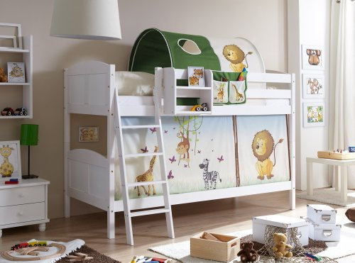 Etagenbett Doppelbett Kinderbett Erni Kiefer massiv Weiss teilbar, Vorhangstoff:Safari