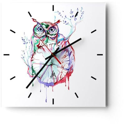 Modern Wanduhr Eule intelligent Geschöpf Kinder 30x30cm Quadrat Klein Wand Uhr Glas Analog Zimmeruhren Küche Büro Wohnzimmer Glasuhr Wall Clock Dekoration Design Küchenuhr C3AC30x30-2984