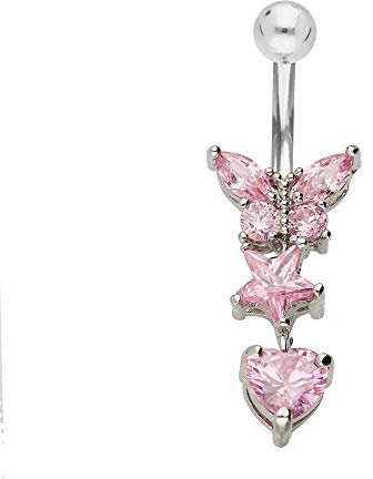 Treuheld® | Silberne PIERCING BANANE mit 3 ANHÄNGERN - 316L Chirurgenstahl - Bauchnabelpiercing Silber - pinker Schmetterling, Stern und Herz - CURVED BARBELL mit Zirkonia - KUGEL zum Schrauben