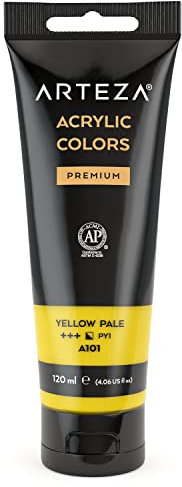 Arteza Peinture acrylique jaune pâle haut de gamme | Poche/tube plastique 120ml| Pigments Haute Densité |Peinture sur toile | Peinture bois | Palette peinture plusieurs couleurs disponibles