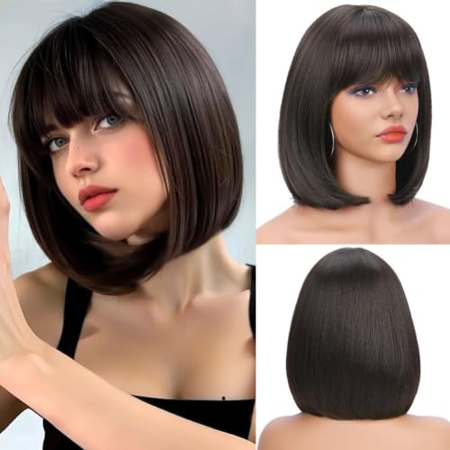 Colorfulpanda Perücke Braun Natürlich Kurz Bob mit Pony für Frauen für die Tägliche Party Kostüm Cosplay Brown Wig
