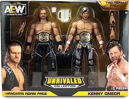 AEW AEW0146 Unrivaled Collection Tag Team Pack-Kenny Omega und Hangman Adam Page Actionfiguren, Plus Zubehör, Multi