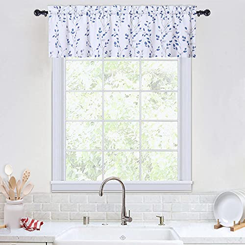 LinTimes Scheibengardine Landhausstil Küche Gardine Halbtransparent Kleinfenster Kurzvorhang Querbehang Fensterdeko Ästedruck Navy Blau, 1 Stück, 137 x 38 cm