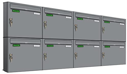 AL Briefkastensysteme Basic 8er Briefkasten RAL 9006 Weiß Aluminium Silber Edelstahl-farbig 8 Fach DIN A4 wetterfest Briefkastenanlage mit Posthaltebügel und 2 Namensschildern