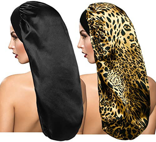 2 Pieces Long Silky Sleep Bonnet for Curly Hair, Extra Large Women Hair Bonnets Long Dreadlocks and Braids Satin Sleeping Caps Night Cap for Women Hair Care