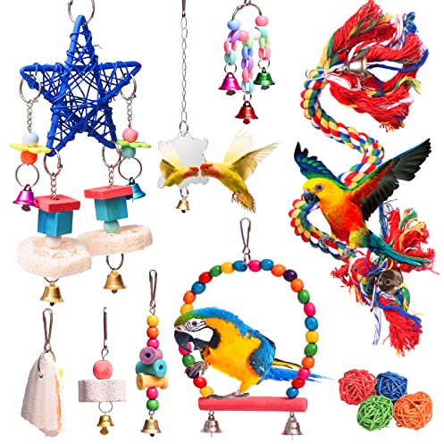 MQUPIN Vogel Papagei Spielzeug Budgie Spielzeug und Papageienkäfig Zubehör, 12 Packungen Swing Perches Kletterleiter Kauen Vogelkäfig Spielzeug für kleine Sittiche, Wellenzie, afrikanische Grau