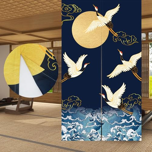 LIGICKY Japanischer Stil Dick Noren Lang Vorhang, Doppelseitig Druck Türvorhang Raumteiler Tapisserie für die Heimtextilien 85 x 150 cm, Blau (Weißer Kranich Meereswellen und Mond)