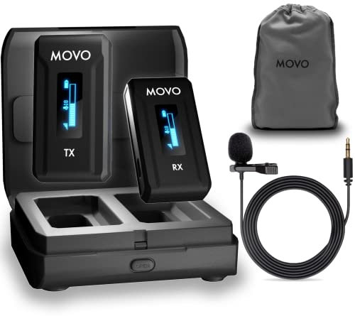 Movo WMX-2 Wireless Lavalier Microphone System with Charging Case, Onboard Mic, Clip-on Lapel Mic, 7HR Battery, 100m Range, Adjustable Gain, LED Display - for Camera, Smartphone, Video Recording