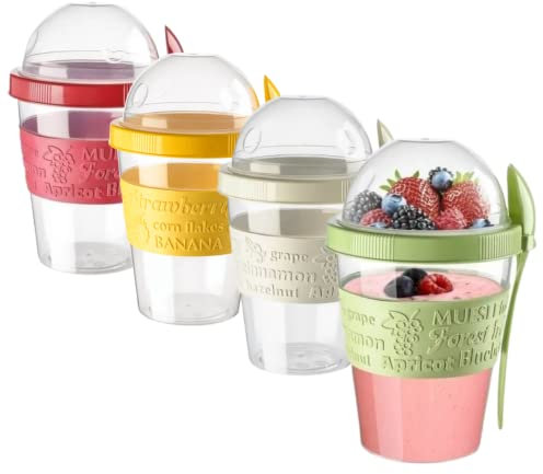 EYNEL Müsli-Joghurtbecher mit Deckel und Löffel, Haferbehälter über Nacht, wiederverwendbar, Parfait-Kunststoff, Milchglas, Frühstück, Crunch, Snack (Set mit 4 Farben)