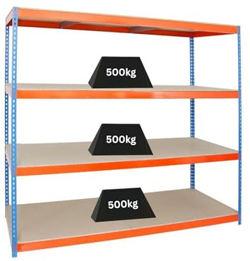 PROREGAL Schwerlastregal Wood Beast Four | HxBxT 200x210x90cm | 4 Ebenen | Fachlast 500kg | Blau-Orange | Weitspannregal Werkstattregal Lagerregal Kellerregal Gargenregal