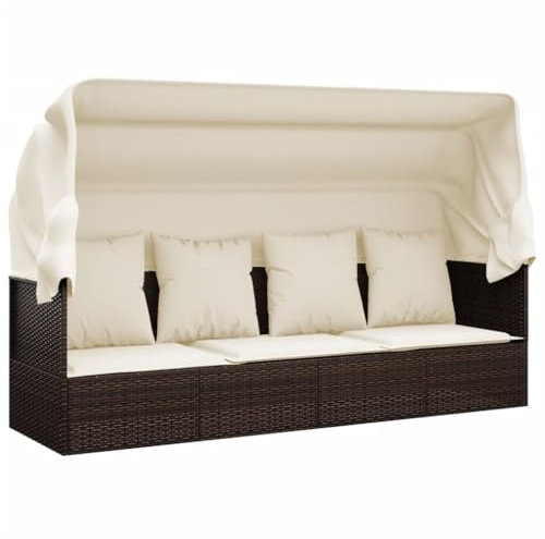 vidaXL Outdoor Loungebett, Verstellbar Gartensofa mit Kissen Dach, Sonnenliege mit Stahlrahmen, Relaxliege Lounge Sofa, Braun Poly Rattan