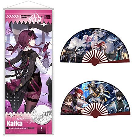 MOTAO Honkai Star Rail Poster mit Handfächer, Star Rail Figuren Anime Rollbild Stoff Poster Scroll Gemälde und Faltbare Handfächer, Raumdekoration Geschenk, 75×25cm (Kafka)
