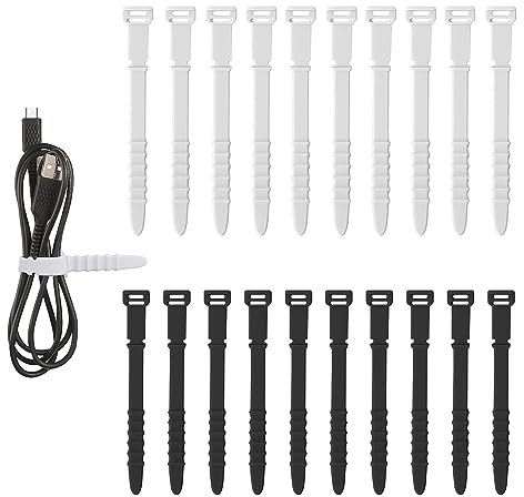 20pcs Reusable Zip Ties, Silicone Cable Ties, Cord Organizer Straps Elastic Cord Management Cable Straps Cord Ties for Headphones Charging Wire Home Office Table Organization (Black White)