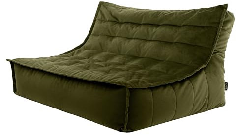 icon Kota Velvet Bean Bag Sofa, Olive Green, Floor 2 Seater Sofa, Large Adult Bean Bag with Filling Included, Living Room, Living Room Furniture