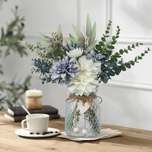 Künstliche Blumen im Topf, künstlicher Blumenstrauß, Kunstrosen in Vasen für Heimdekoration, Blumen, moderne Heimdekoration, Tischdekoration, Blumenvase für Abendessen, Büro, Schlafzimmer, Blau
