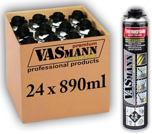 VASmann 24x890ml PU-Sprühdämmung & Sprühisolierung – Effektive Wärmedämmung für Dach, Kellerdecke & Wände | Vielseitige Alternative zu EPS / XPS Dämmplatten (60m2, 24)
