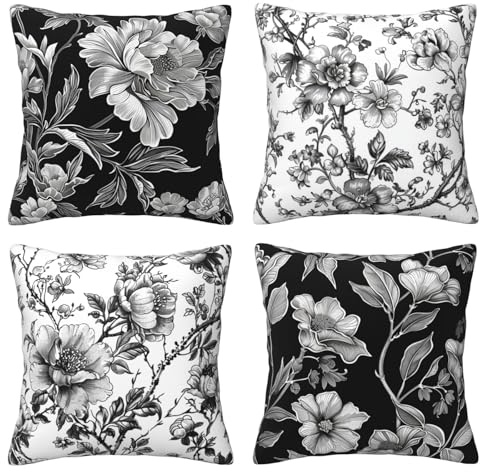 HOSTECCO Schwarz und Weiß Blumen Kissenbezüge 50x50 cm 4er Set Vintage Blume Kissenbezüge Moderne Dekokissen Kissenbezüge für Sofa Couch, H-DHSFP-S6-20
