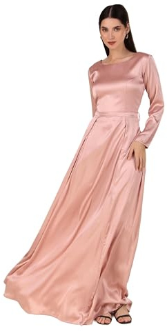 Estationeryhouse Elegantes Maxikleid mit langen Ärmeln, Satin, Abaya, seitlicher Reißverschluss, Satin, Plissee, Dupatta nicht im Lieferumfang enthalten, rosa - dusty pink, 44