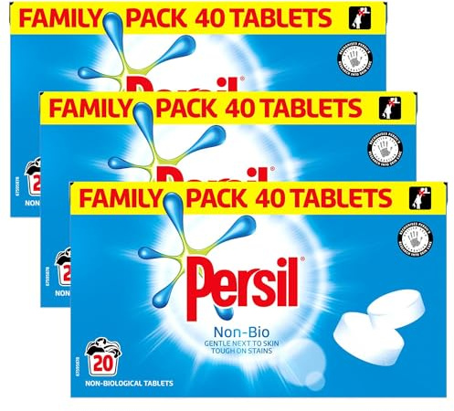 Persil Laundry Tablets Family Pack Gentle next to Skin Touch on Stains New Concentrated Formula for Effortless Laundry, Non-Bio 40 tablets, 20 Wash 1.2KG Pack of 3