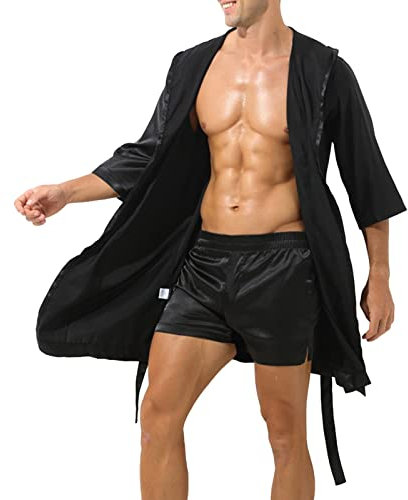 Vestaglia da uomo Estiva Kimono in Raso Vestaglia Bagno Lunga per Casa Pigiama Seta Pigiama Uomo Accappatoio per Sauna, Confortevole manica corta Accappatoi estivi, Nero , M
