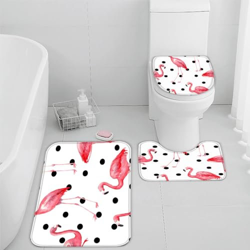Flamingo Badezimmerteppich Rosa Cartoon Tiere Badematte Rutschfest 3-teiliges Weiche Mikrofaser Badvorleger Schnelltrocknende Absorbierender Badteppich Waschbar Duschvorleger Bath Mat,50 x 80 cm