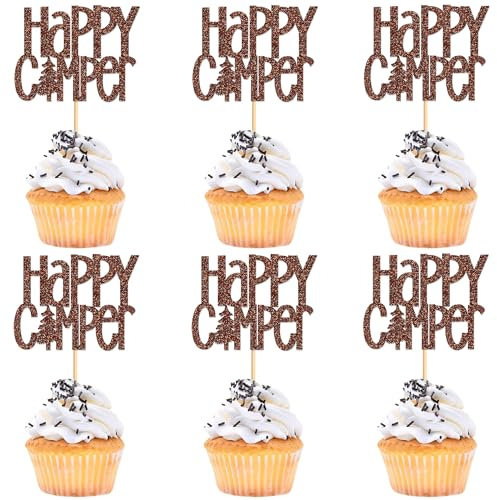 Ercadio 24 PCS Camper Themed Cupcake Toppers Picks Happy Camper Cake Decorations for Weekend Outdoor Camper Woodland Lumberjack BBQ Theme Birthday Party Supplies