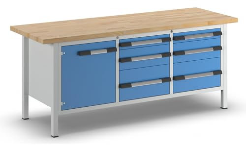 eurokraft | Werkbank | Gestellbauweise Serie 8000 | 6 Schubladen: 2 x 90 | 2 x 180 | 2 x 270 mm | 1 Tür 540 mm | BxT 2000 x 700 mm