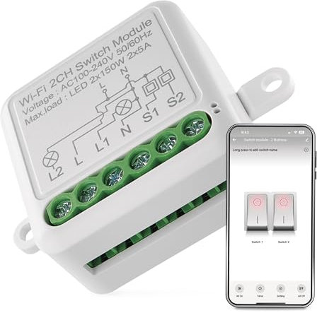EMOS GoSmart WiFi Lichtschalter-Modul/WLAN Smart Switch mit App, Unterputz Relais-Schalter zur Fernsteuerung, Sprachsteuerung der Beleuchtung mit Alexa & Google Home, für Doppelschalter