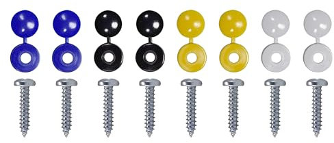 Tek Automotive Number Plate Screws and Caps Set 16 Pcs with Black White Yellow Blue Screw Caps and 8 Self Tapping Screws | Number Plate Fixing Kit for Car Registration Plates and License Plates