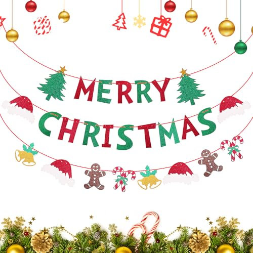 GEEHUA Rot Grünes Frohe Weihnachten Banner Dekoration, Glitzerndes Frohe Weihnachten Banner, Frohe Weihnachten Girlande für Weihnachtsfeier Innen Weihnachtsdekoration für Kaminsims, Heimdekoration