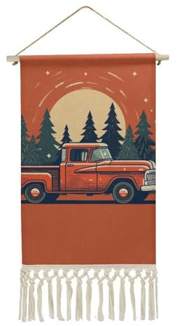 KLWQR Poster zum Aufhängen aus Baumwolle und Leinen mit Quaste, 25,4 x 50,6 cm lang, vertikaler Wandbehang, Wandteppich, roter Pickup-Truck, Wandkunst, Malerei, Dekoration für Wohnzimmer, Büro,