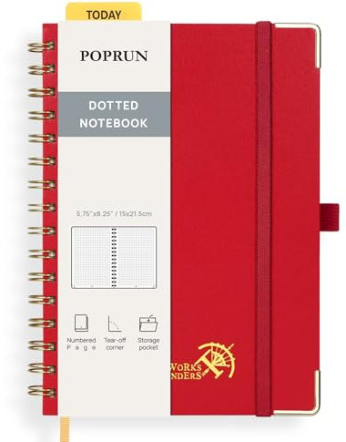 POPRUN Notizbuch A5 Gepunktetes, Bullet Dotted Journal, Spiral-Notizbücher 120 GSM Papier, 141 nummerierte Seiten, Hardcover mit Kleberegisterkarten und 8 Abreißblättern - RD(Rot)