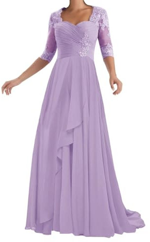 HUINI Mutter der Braut Kleider mit Ärmeln Chiffon Spitze Korsett Abend Formales Kleid für Hochzeit Flieder 46