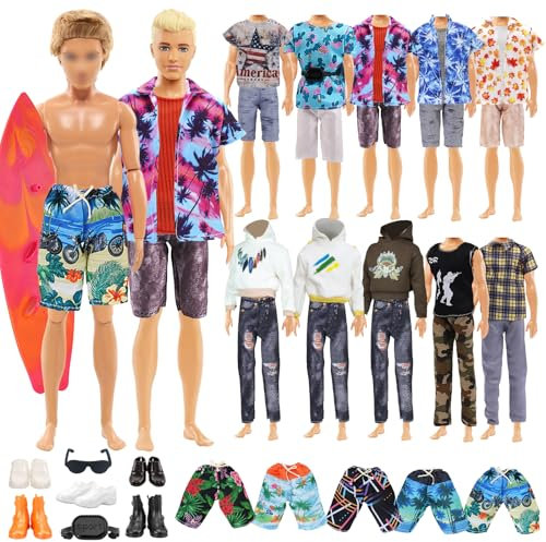 22 Fashion Kleidung und Zubehör Kompatibel mit 11.5 Zoll Boy Puppen, Enthält 7 Bekleidung 7 Paar Hosen 5 Paar Schuhe 1 Surfbrett 1 Brille 1 Tasche, 7 Sets Kleidung Strandsport + Casual Style