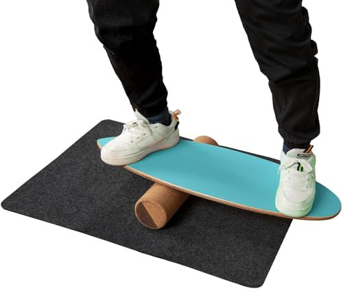 GYMAX Balance Board aus Holz Balancebrett mit Korkrolle & Schutzmatte Gleichgewichtsboard für Indoor-Surfen Indoorboard Surfboard (Blau)