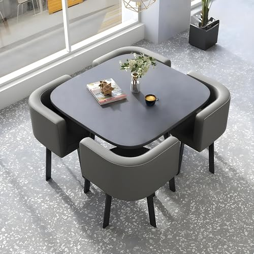 5 Piece Modern Dining Table Set, Kitchen Table Set for 4, Dining Table and Chairs Set with 4 Faux Leather Chairs, Dining Room Table Set for Small Space Apartment (GREY)