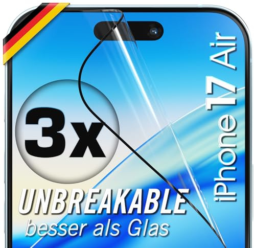 UTECTION 3X Panzerfolie [Besser als Glas] für iPhone 17 AIR - Unzerstörbarer Displayschutz - Perfekte passform - Schutzfolie mit ALLEN Hüllen kompatibel - Super Haptik & Kinderleichte Anbringung