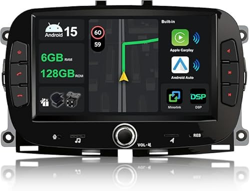 KECONSING [6G+128G] IPS 9 Android 15 Autoradio Für FIAT 500 2016-2019 mit navi Octa Core-[Eingebauter CarPlay/Android Auto/DSP/Mirror Link/GPS Navi/360 Camera/Bluetooth 5.0/WiFi/USB