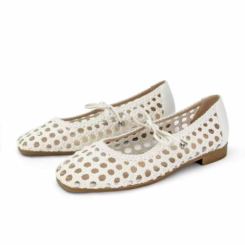 SOVANYOU Womens Ballet Flats White Mesh Mary Janes Woven Flats Square Toe Strap Ballerina Flat Comfortable Dress Casual Flat Shoes