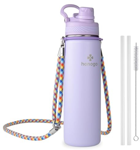 24 oz Insulated Water Bottle with Shoulder Strap, Stainless Steel Tumbler with 2-in-1 Straw & Spout Lid, Fashion Water Flask for Women & Girls. Keep Cold 24H / Hot 12H, BPA Free (Light Purple, 24 oz)