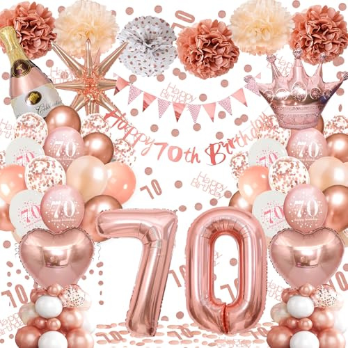 70th Birthday Balloons Rose Gold, Banner, Triangle Flag, 70th Birthday Decorations, Rose Gold Party Decorations Set, Latex, Heart, Crown And Numbers Balloons, Confetti, Paper Pom Poms