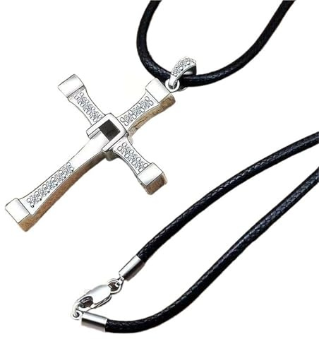 ZIERVIA Kreuz-Halskette, Fast and Furious Vin Diesel, Anhänger aus 925er Sterlingsilber, mit Lederband oder Silberkette, for Männer und Frauen, Unisex-Bikerschmuck(Leather Cord,BOY(22G))
