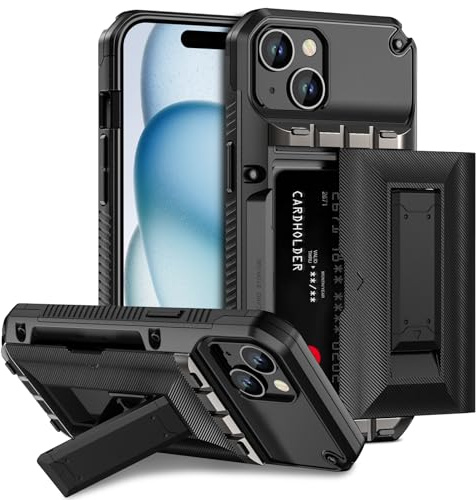 Aolcev for iPhone 15 Case with Card Holder [4 Cards] with Stand Heavy Duty Shockproof Protection Dual Layer Hard PC Soft TPU Bumper Card Slot Wallet Cases for iPhone 15 Phone Case for Men Women-Black