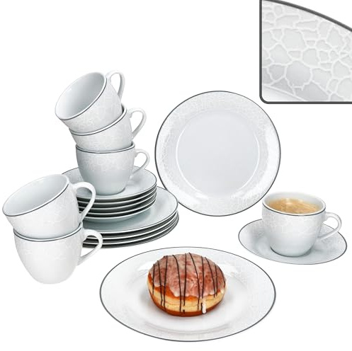 MamboCat Venedig 18tlg Kaffeeservice I weißes Porzellan Geschirr mit Relief in Kieselstein-Optik & Grauer Linie für 6 Personen I je 6X Kaffeetassen 180ml, Untertassen & Kuchenteller