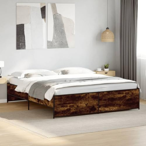Qnhdfrt King Size Bed Frame 200x200 cm Smoked Oak Veneer with Steel Legs Robust Plywood Slats No Mattress Needed Easy Assembly for Spacious Modern Bedroom