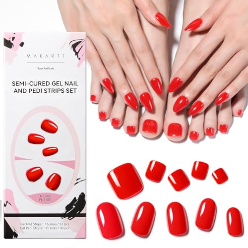 Gel Nail Wraps & Toe Nail Stickers – Red Semi Cured Gel Nail Strips for Hands & Feet, Long-Lasting, Custom Fit, Silicone Dual-Ended Press Tool, Cleansing Wipes & Nail File – UV/LED Lamp Required