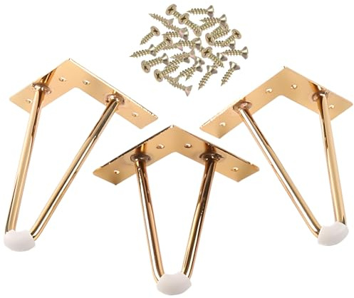 Générique Lot De 3 Pieds De Meubles en Épingle À Cheveux, Tiges De 1 Cm De Diamètre, Pieds D'armoire pour Table Basse, Table De Chevet, avec Patins en Caoutchouc Et Vis(Gold,15cm/5.9in)