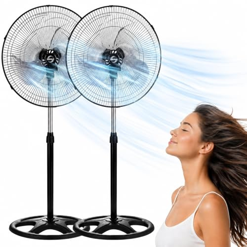 Ventilador de Pie 90W, Ventilador de suelo, Silencioso, Oscilante 3 Velocidades Altura Ajustable 110 a 130 cm, Base redonda, Aspas de 45 cm, Apto para Hogar, Oficina y Almacén, 2 Unidades color negro